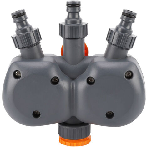 Temporizador de riego mecánico G3/4 con dos salidas y regulador de caudal – Temporizador de riego para jardín sin pilas, ABS+PPE, 120 minutos, 3 válvulas