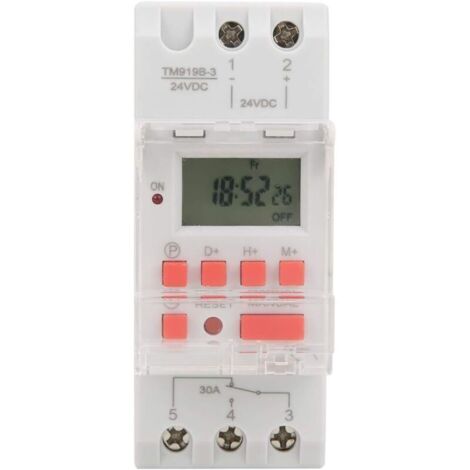 Temporizador programable DC 24V – 30A, semanal 12/24h, 16 ciclos/día, pantalla digital, control preciso y fiable.