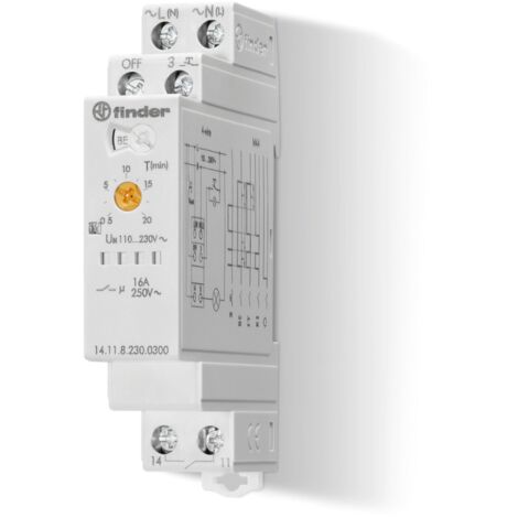 Temporizzatore per luce scale, 4 funzioni, reset per spegnimento centralizzato, regolazione 30 secondi  20 minuti, 16A, 1 contatto NO, serie 14 - Finder 14.11.8.230.0300