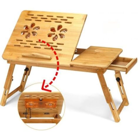 TEMPSA Table Ordinateur Portable Ventilateur USB Table de Lit - Support PC Tablette Tiroir - En Bambou Pliable