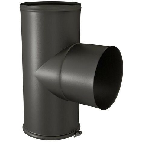 TEN – Té équerre avec tampon en acier émaillé noir mat D153mm – Raccord fumisterie pour chaudières gaz et fioul – Installation facile