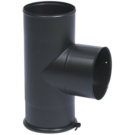 TEN – Té équerrre avec tampon noir mat D125mm – Raccord fumisterie en acier émaillé – Résistant aux acides et hautes températures