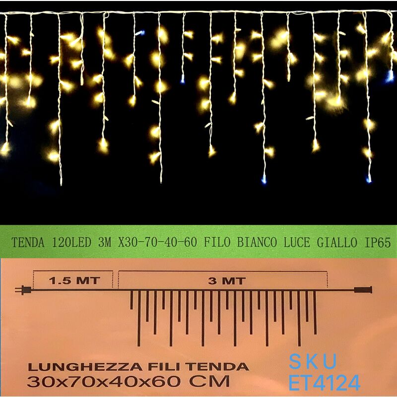 Image of Tenda natale esterno natalizia 120 led 3m x 30-70-40-60 cm luce bianco caldo gialla ip65 articolo ET4124