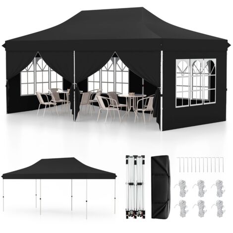 Tenda a scomparsa 3x6m con 6 pareti laterali rimovibili borsa da trasporto, Tenda gazebo pieghevole per feste Nero