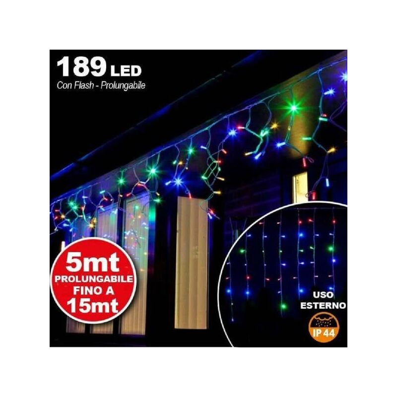 Image of Trade Shop - Tenda Cascata Luminosa Multicolore 510x90 Cm Prolungabile Fino a 15mt 189 Led