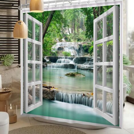 Tenda da doccia 150x180 cm con vista sulla cascata primaverile, alberi, paesaggio naturale e scena selvaggia, colore bianco, tessuto impermeabile, ideale per il bagno, con ganci.