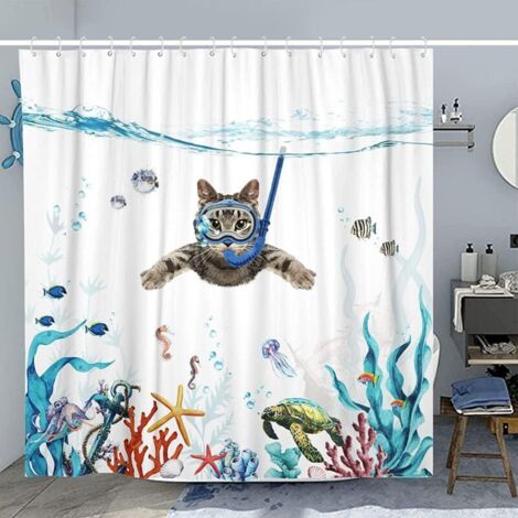 Tenda da doccia 180 x 200 cm con stampa di gatto subacqueo e oceano, impermeabile, lavabile, antiscivolo, in tessuto di poliestere ad asciugatura rapida, accessorio per il bagno con 12 ganci.