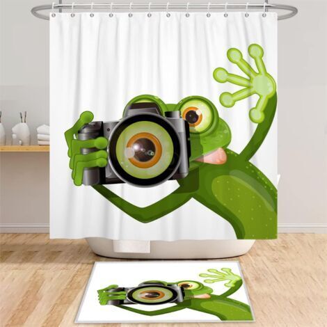Tenda da doccia 180x180 cm con rana carina e divertente, per fotografi, con grandi occhi, ideale per scattare foto di animali, bianca, in poliestere con ganci, per il bagno dei bambini.