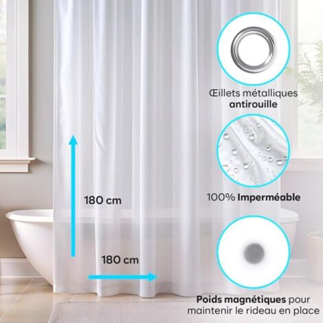 Tenda da doccia 180x180 cm - Lavabile + Occhielli in acciaio inox + 3 magneti - Impermeabile e leggera - Trasparente