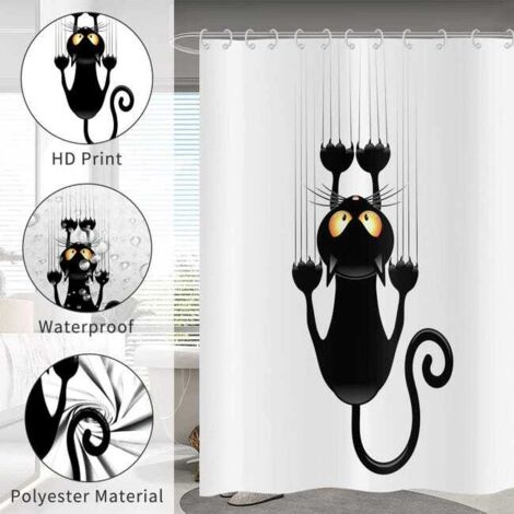 Tenda da doccia con gatto nero, tenda da doccia con gattino su sfondo bianco, tenda da doccia per bagno 150x180cm