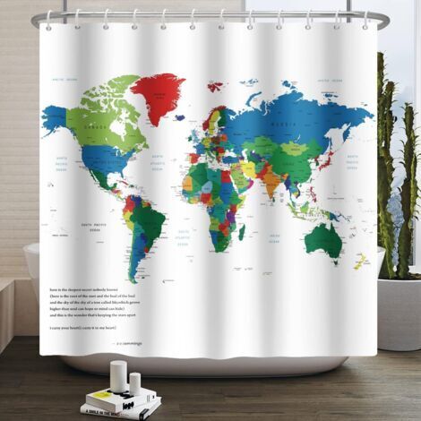 Tenda da doccia con mappa del mondo CCYKXAA 180x200 cm, semplicità moderna, mappa del mondo bianca colorata, tenda da bagno in tessuto lavabile e impermeabile per vasca da bagno
