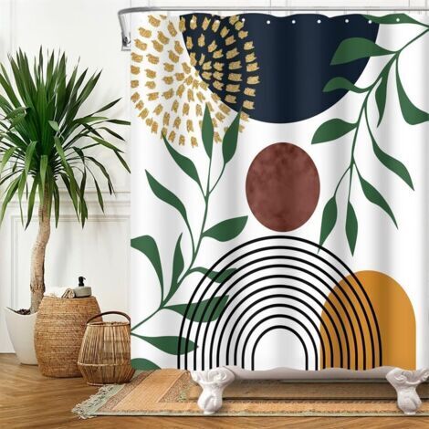 Tenda da doccia con motivo geometrico a foglie in stile bohémien, 180 cm x 180 cm, antimuffa, impermeabile, in tessuto di poliestere lavabile, con 12 ganci.