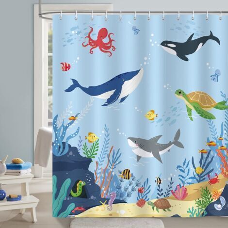 Tenda da doccia con motivo oceano blu sottomarino - Design con pesci e delfini per bambini - Tessuto in poliestere impermeabile, lavabile e antimuffa - Bagno 180 x 180 cm con 12 ganci