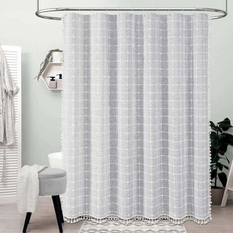 Tenda da doccia con nappe in stile bohémien, in tessuto di lino, decorazione per il bagno, 92 x 183 cm (grigio chiaro)