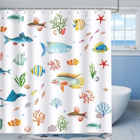 Tenda da doccia con pesci tropicali, 180 x 180 cm, per bambini, in tessuto di poliestere, antimuffa, impermeabile e lavabile, con 12 ganci per vasca da bagno.