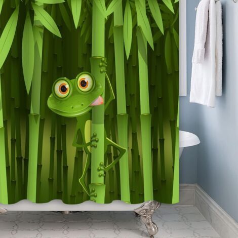 Tenda da doccia con simpatica rana, 180x180 cm, divertente rana, bambù, cartone animato, animale, albero, foglie, verde, tenda da vasca per bagno per bambini, poliestere con ganci
