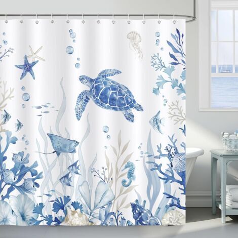 Tenda da doccia con tartaruga marina color blu corallo, in tessuto di poliestere, antimuffa, impermeabile, lavabile, 180 x 180 cm con 12 ganci per vasca da bagno.