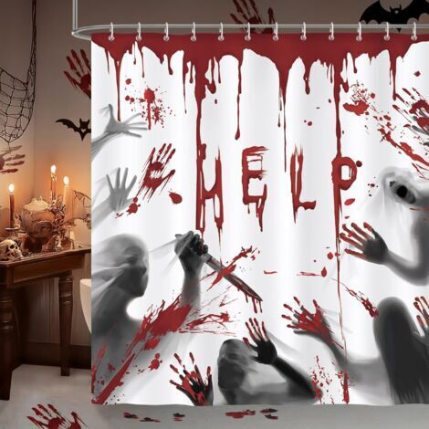 Tenda da doccia di Halloween in due pezzi, con motivo a impronte di mani insanguinate, realizzata in poliestere antimuffa, impermeabile e lavabile, 180 x 180 cm, con 24 ganci per la doccia.
