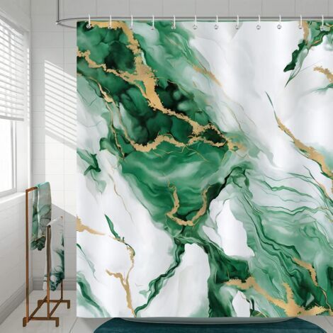 Tenda da doccia di lusso con motivo astratto verde oro turchese effetto marmo, in tessuto di poliestere, antimuffa, impermeabile, lavabile, 180 x 180 cm con 12 ganci per vasca da bagno.