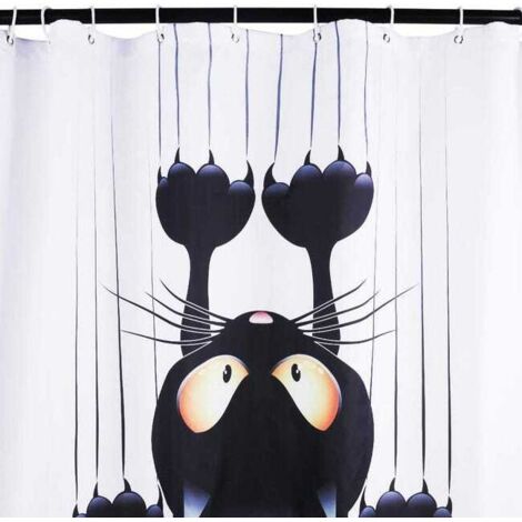 Tenda da doccia fai da te, motivo gatto umoristico, con ganci (gatto nero, L 180 x A 200)