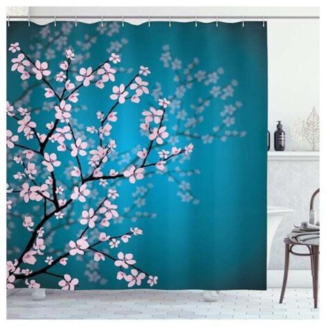 Tenda da doccia giapponese KZQ, motivo Sakura Blossom, set di decorazioni per il bagno in tessuto con ganci, 180 cm x 180 cm, petrolio, azzurro, rosa