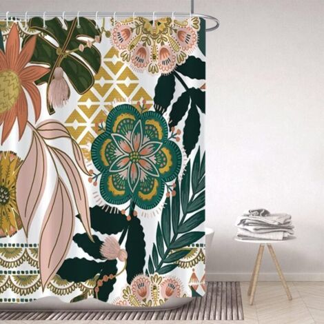 Tenda da doccia in stile boho 180x180 cm con motivo floreale e a foglie rosa e verdi, antimuffa, impermeabile, in tessuto di poliestere lavabile.