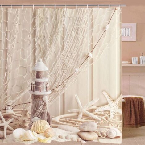 Tenda da doccia in tessuto con anelli - 200 x 200 cm - Motivo conchiglie - Stampa digitale - Poliestere - Resistente alla muffa - Beige
