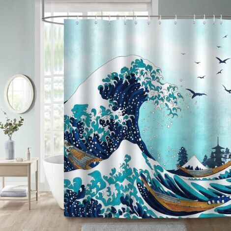 Tenda da doccia Kanagawa con motivo a onde giapponesi, 180 x 200 cm, in tessuto di poliestere, antimuffa, impermeabile e lavabile, con 12 ganci per vasca da bagno.