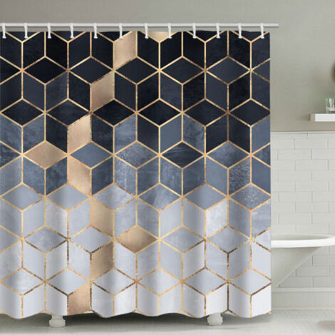 Tenda da doccia KZQ con sfumatura blu, moderna tenda da doccia geometrica con linee cubiche dorate per il bagno.