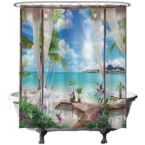 Tenda da doccia KZQ, motivo spiaggia e mare, naturale, 180 x 200 cm, lavabile, antimuffa, con 12 anelli, blu, bianco, verde