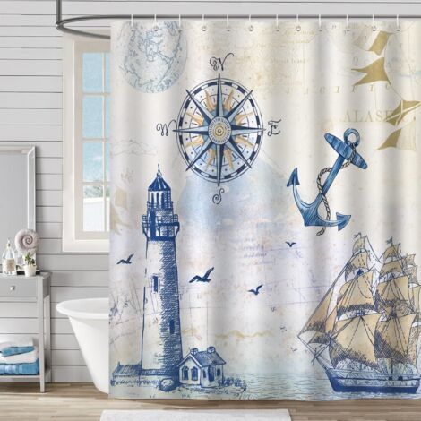 Tenda da doccia nautica con faro, barca a vela, bussola e ancora, 180 x 180 cm, tessuto in poliestere, antimuffa, impermeabile, lavabile, tenda da bagno con 12 ganci per vasca da bagno