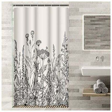 Tenda da doccia per camper 90 x 180 cm con bordo floreale, erbe e fiori selvatici, stampa botanica vintage, tessuto in poliestere impermeabile nero, set con ganci