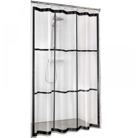 Tenda da doccia, senza PVC, impermeabile, per vasca e doccia, colore: trasparente/nero, LxA: 180 x 200 cm.