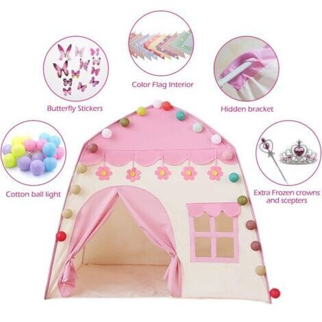 Tenda da gioco per bambine, tenda da gioco da principessa, per cameretta, sicura per interni/esterni, atossica, con batuffoli di cotone, luci, bacchetta magica con corona da principessa di Frozen, 130