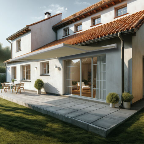 Tenda da sole a cassonetto integrale SOA 5,00x3,50 M (Telecomando con Manovra di Emergenza - Bianco satinato RAL9010 - Beige chiaro 250gr/m²)