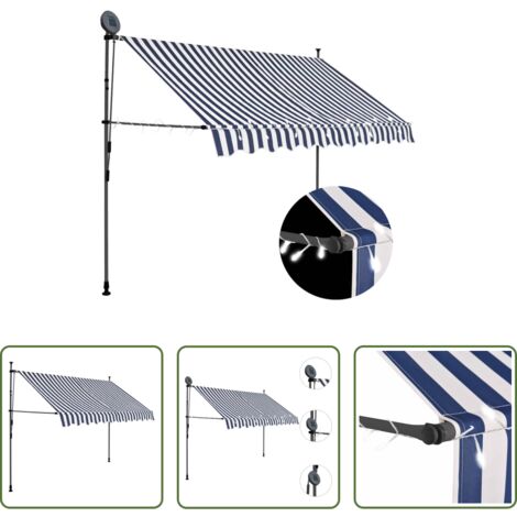 Tenda da sole con LED -  Tenda da Sole Retrattile Manuale con LED 300 cm Blu e Bianca