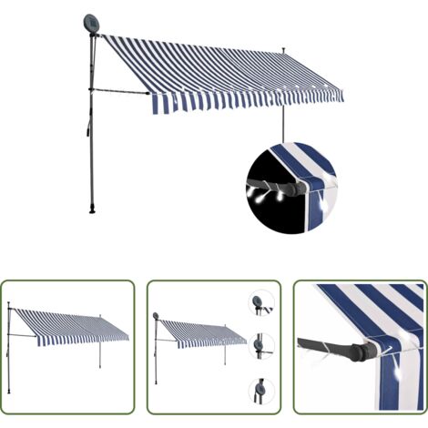 Tenda da sole con LED -  Tenda da Sole Retrattile Manuale con LED 350 cm Blu e Bianca