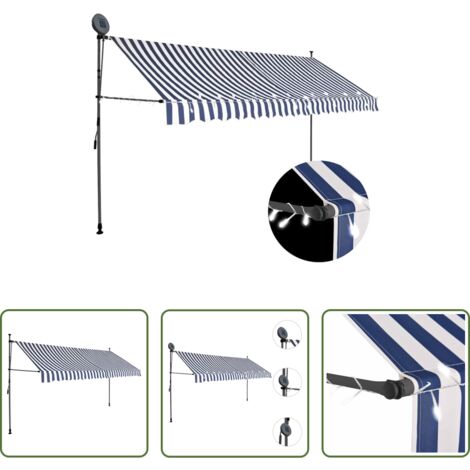 Tenda da sole con LED -  Tenda da Sole Retrattile Manuale con LED 400 cm Blu e Bianca