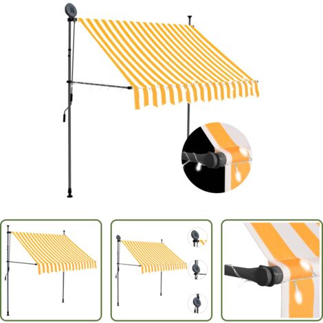 Tenda da sole con luci LED -  Tenda da Sole Retrattile Manuale LED 100 cm Bianca e Arancione