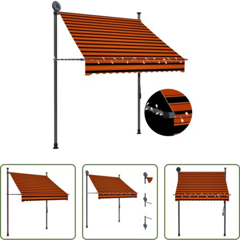 Tenda da sole con luci LED -  Tenda da Sole Retrattile Manuale LED 150 cm Arancione e Marrone