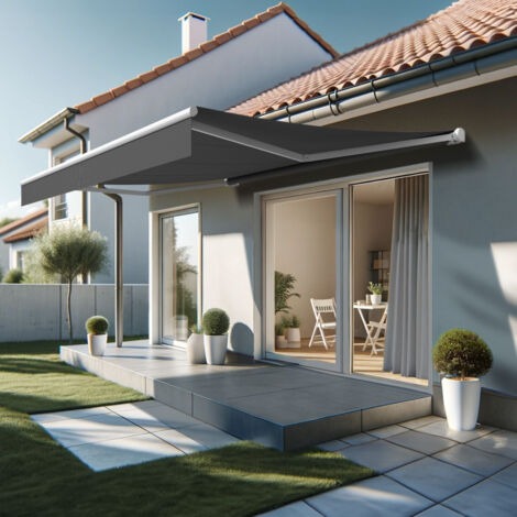 Tenda da sole loggia DIONEA 4,00x3,00 M (Telecomando con Manovra di Emergenza - Bianco satinato RAL9010 - Grigio scuro 250gr/m²)