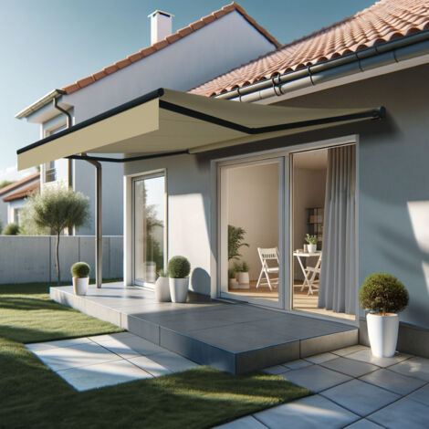 Tenda da sole loggia DIONEA 4,00x3,00 M (Telecomando con Manovra di Emergenza - Grigio antracite strutturato RAL7016ST - Beige chiaro 250gr/m²)