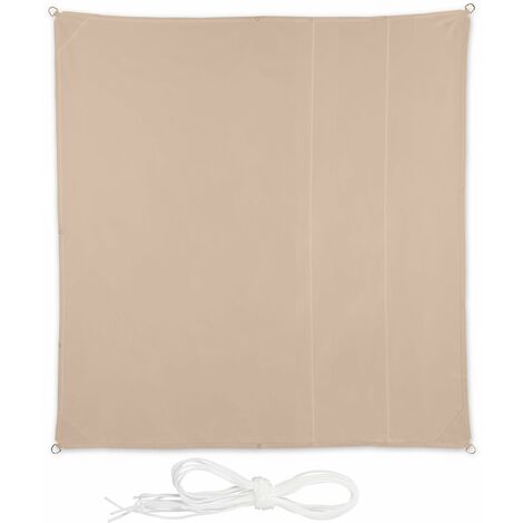 Tenda da sole Relaxdays, 2,5 x 2,5 m, idrorepellente, poliestere, cavi tensione, tela quadrata, giardino, balcone, beige