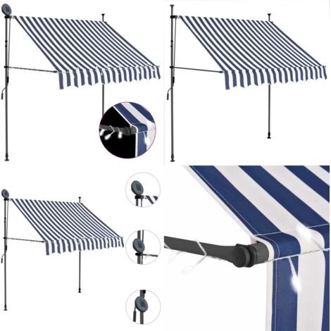 Tenda da Sole Retrattile Manuale con LED 100 cm Blu e Bianca - Tenda da sole retrattile - Tenda da sole con LED