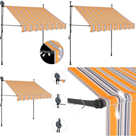 Tenda da Sole Retrattile Manuale con LED 150 cm Gialla e Blu - Tenda da sole con LED - Tenda da sole idrorepellente