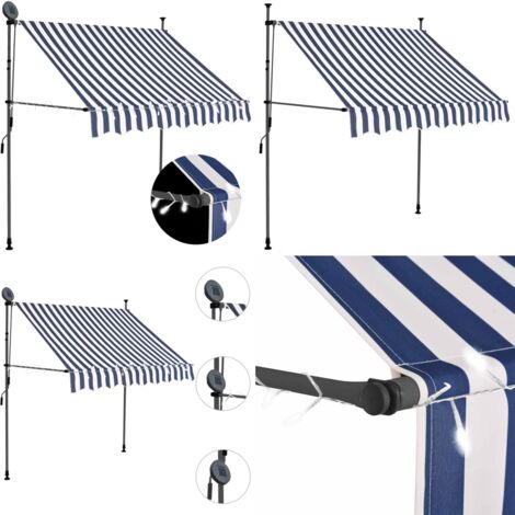 Tenda da Sole Retrattile Manuale con LED 200 cm Blu e Bianca - Tenda da sole retrattile - Tenda da sole con LED
