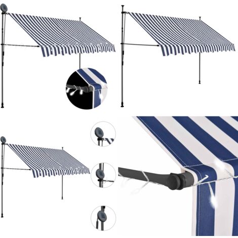 Tenda da Sole Retrattile Manuale con LED 300 cm Blu e Bianca - Tenda da sole con LED - Tenda da sole idrorepellente