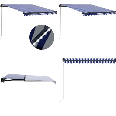 Tenda da Sole Retrattile Manuale con LED 300x250cm Blu e Bianco - Ombreggiatura esterna - Tenda da sole con LED