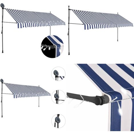 Tenda da Sole Retrattile Manuale con LED 350 cm Blu e Bianca - Tenda da sole retrattile - Tenda da sole con LED