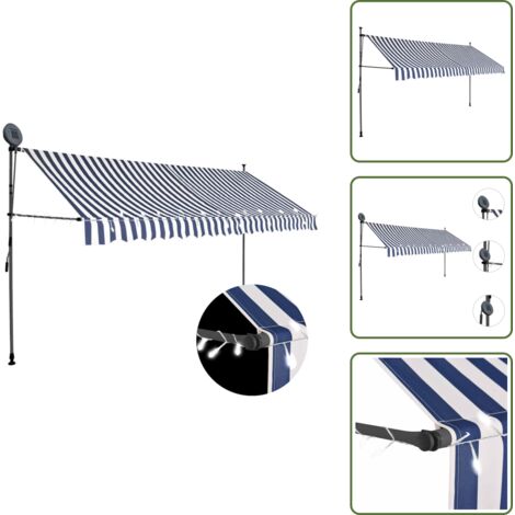 Tenda da Sole Retrattile Manuale con LED 400 cm Blu e Bianco
